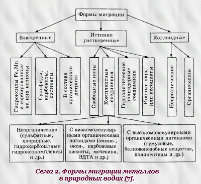 Схема 2.Формы миграции металлов в природных водах[7].